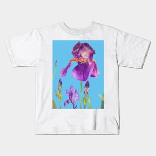 Iris Watercolor Painting - Elegant Purple on Blue Kids T-Shirt